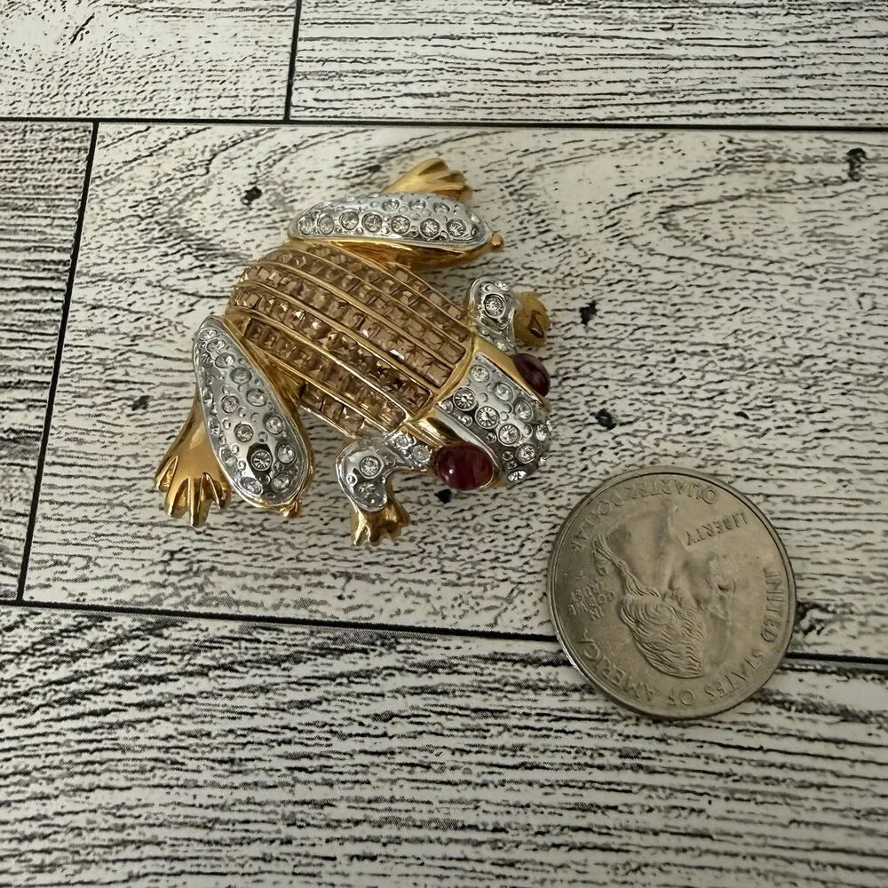 Vintage Two-Tone Frog Pin Brooch Pavé Rhinestone Red Cabochon Eyes Figural